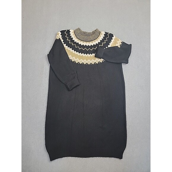 Ann Taylor Sweater Dress Womens M Petite Black Gold Knit Fair Isle Party Office - Picture 1 of 16